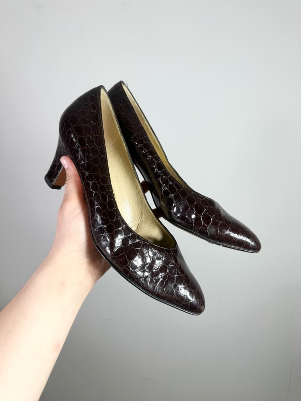 Vintage Salvatore Ferragamo Dark Burgundy Embossed Almond Toe High Heel Pumps